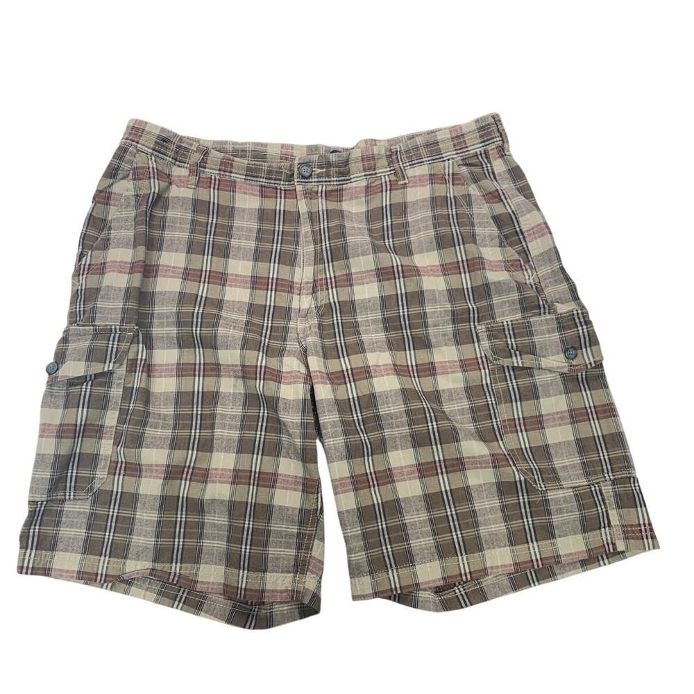 Basic Editions Mens Size 42 100% Cotton Brown Plaid Long Bermuda Cargo Shorts